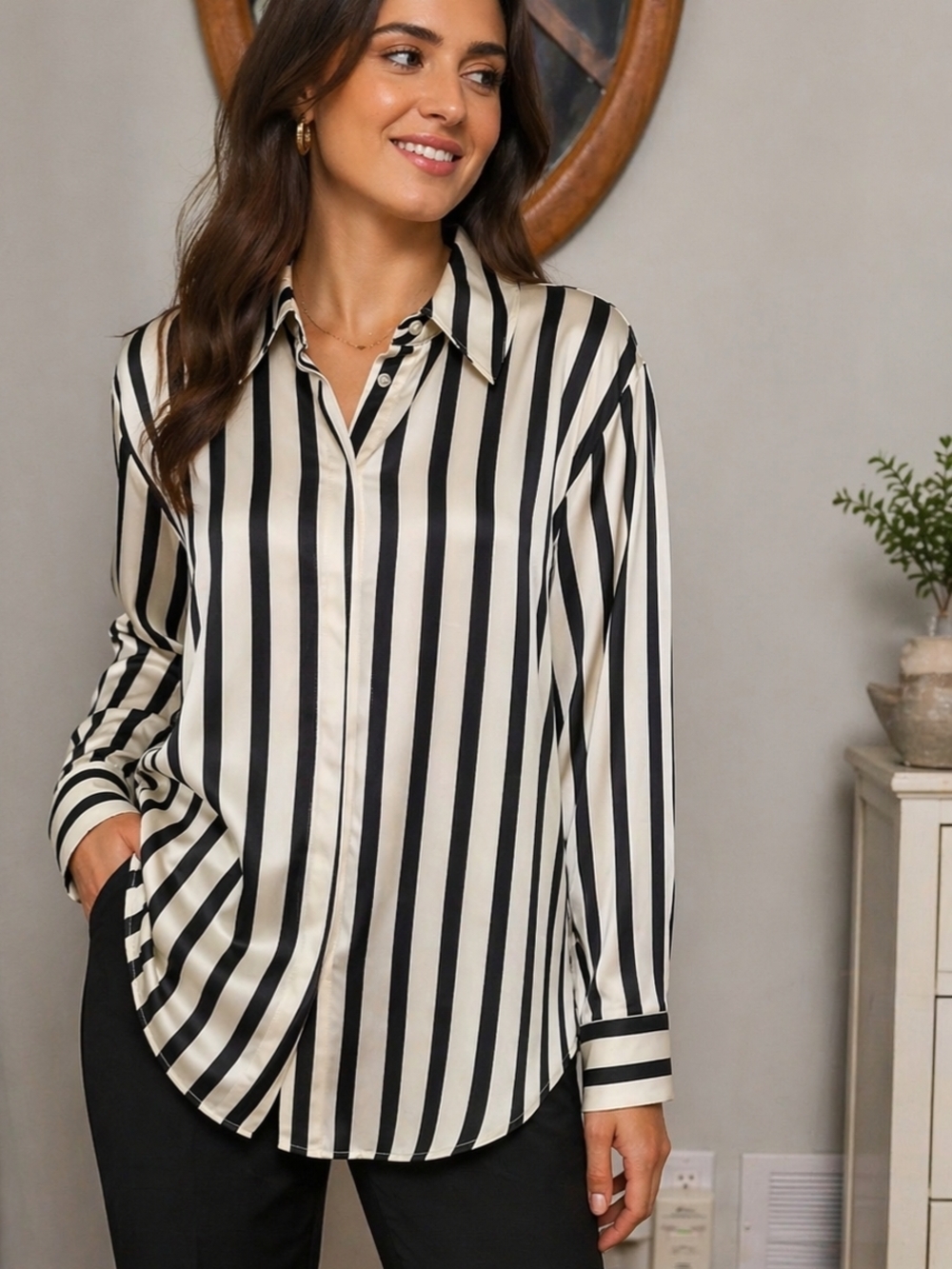 Women's Black & Cream Vertical Stripe Button-Down Shirt